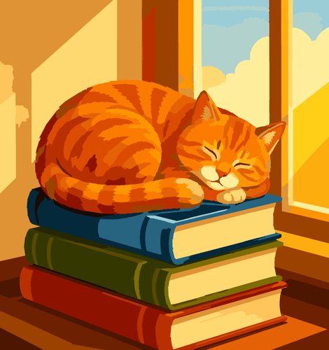 Раскраска по номерам «Кот на книгах — наивное искусство»