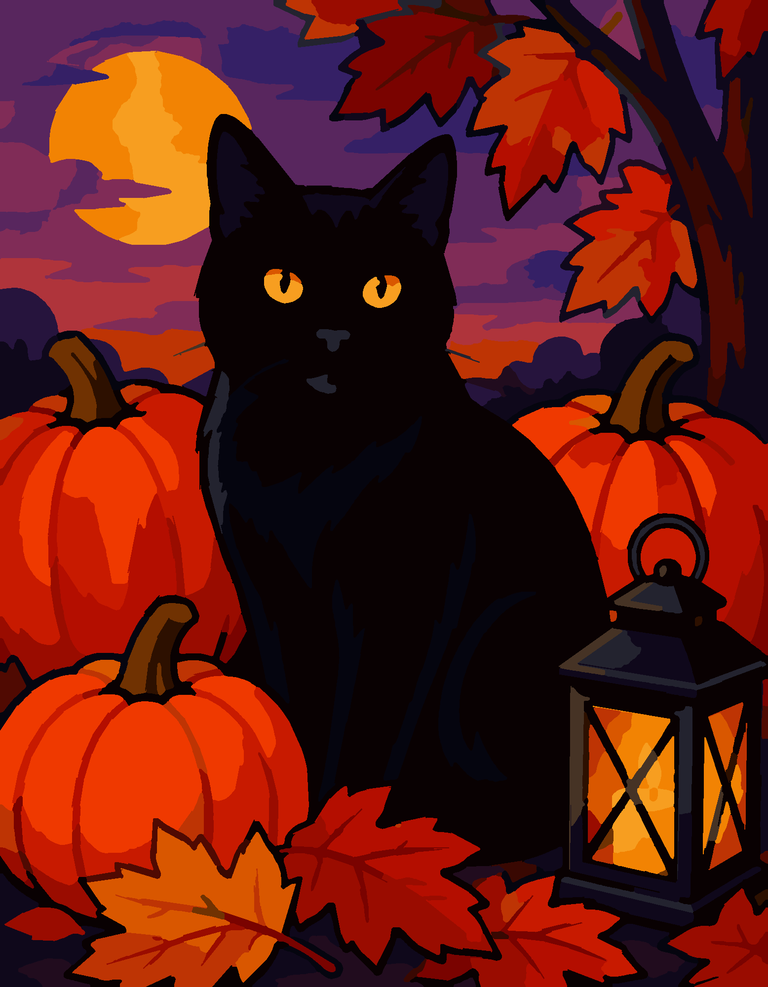 Раскраска по номерам «Чёрный кот и тыквы — поп-арт» — Halloween