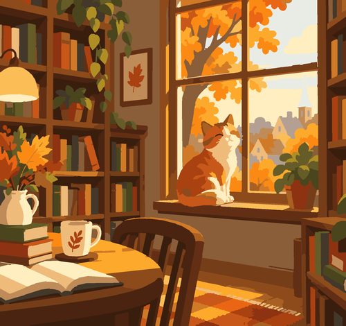 Раскраска по номерам «Осенний книжный — сказочная иллюстрация»