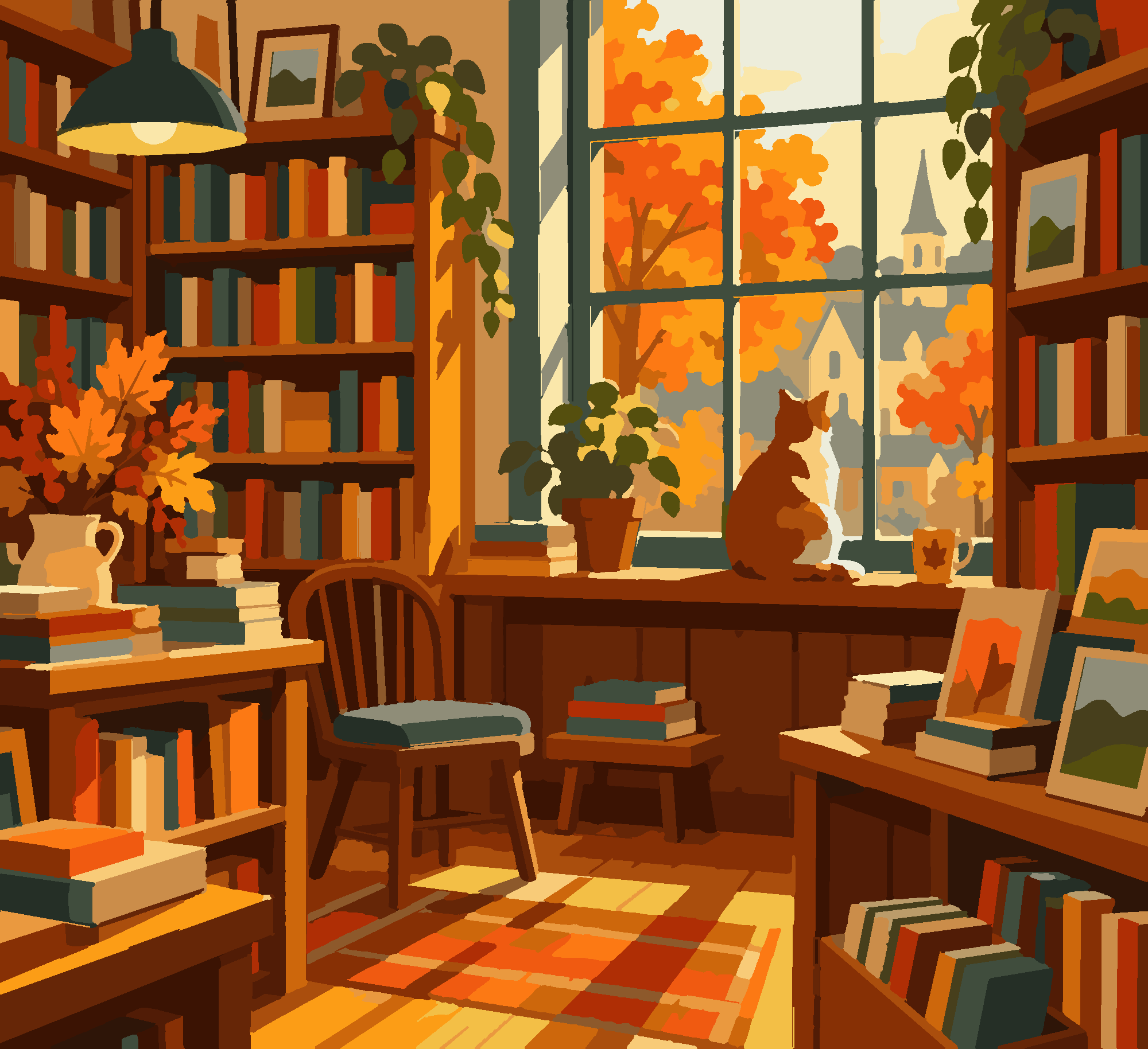 Раскраска по номерам «Осенний книжный — наивное искусство» — Cozy