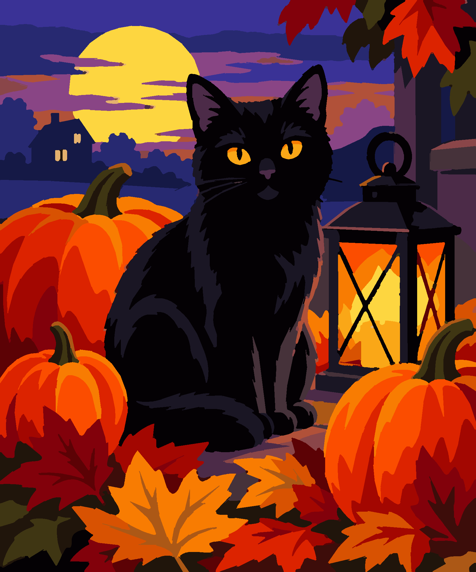 Раскраска по номерам «Чёрный кот и тыквы (декоративная)» — Halloween