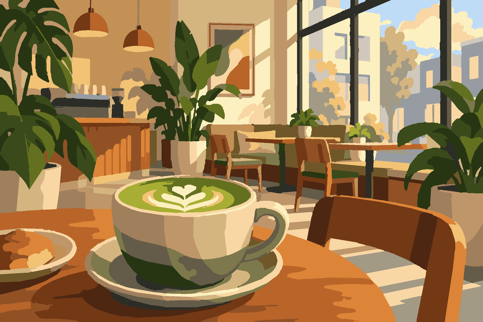 Раскраска по номерам «Matcha-кафе — современная иллюстрация» — Cozy