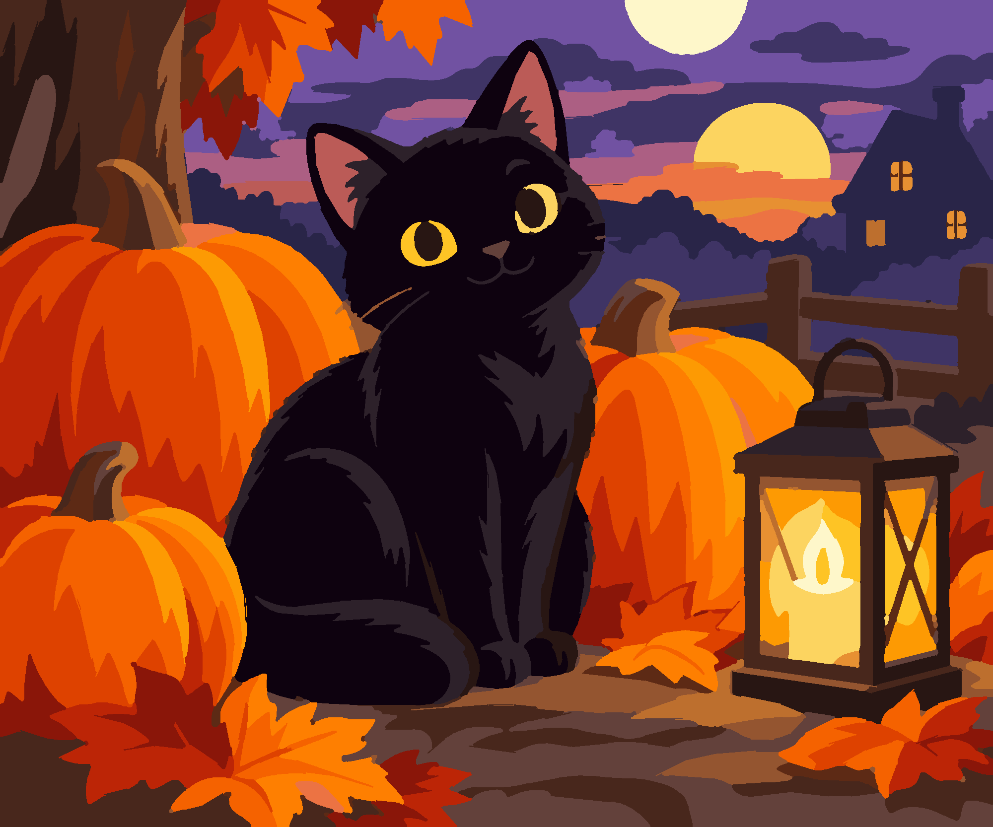 Раскраска по номерам «Чёрный кот и тыквы — сказочная иллюстрация» — Halloween