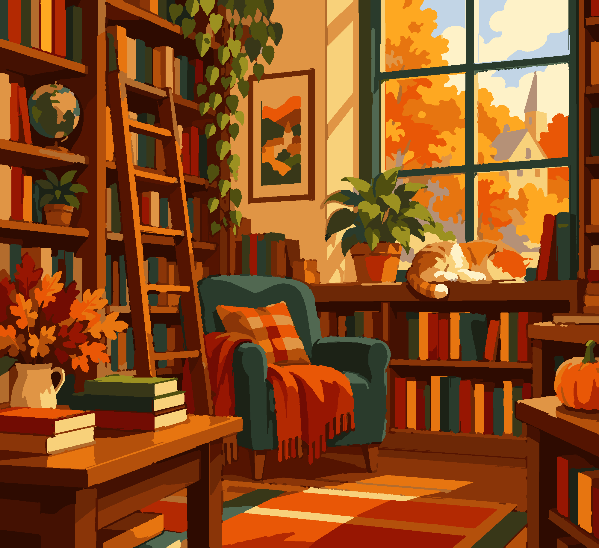 Раскраска по номерам «Осенний книжный (декоративная)» — Cozy