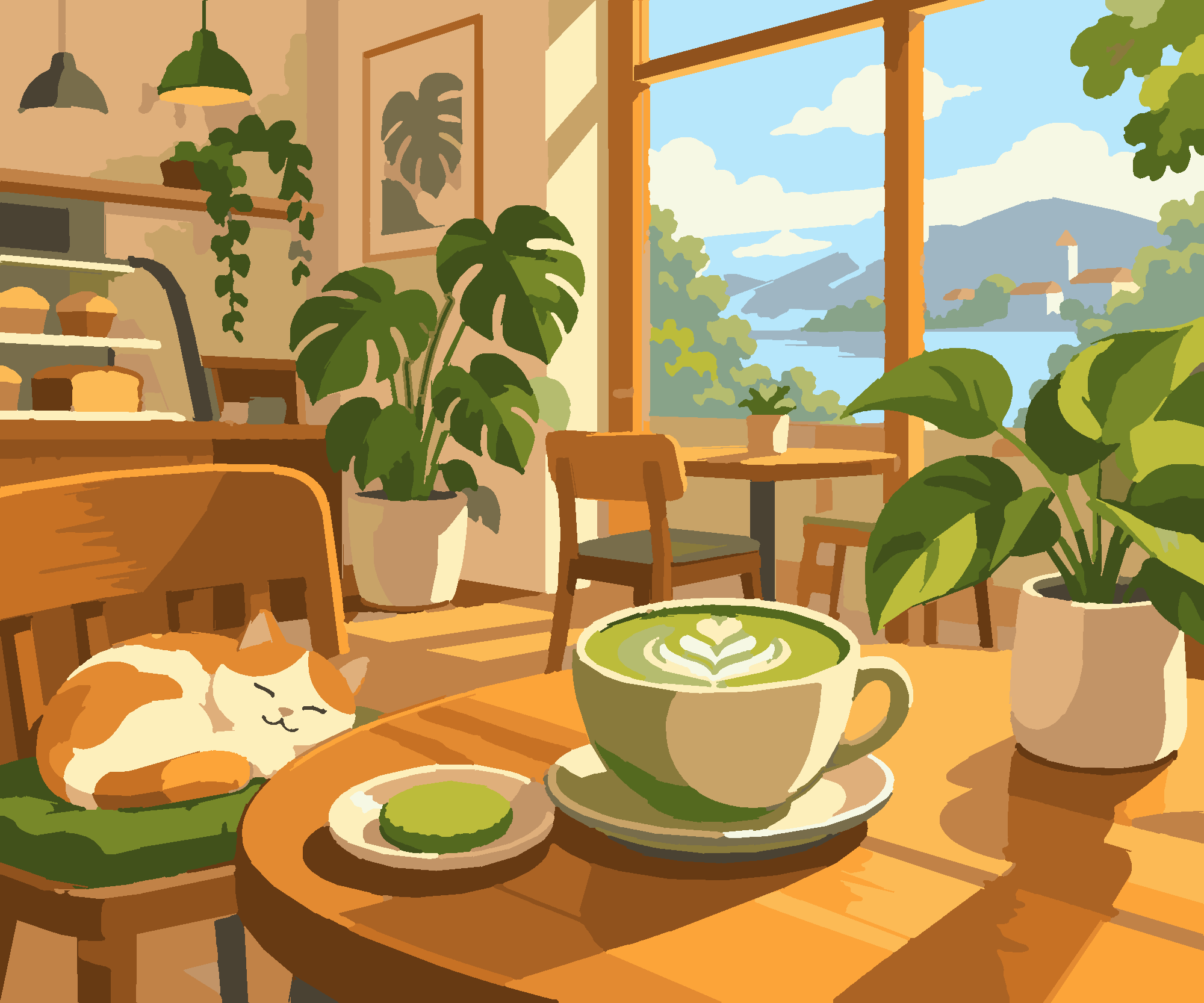 Раскраска по номерам «Matcha-кафе — сказочная иллюстрация» — Cozy