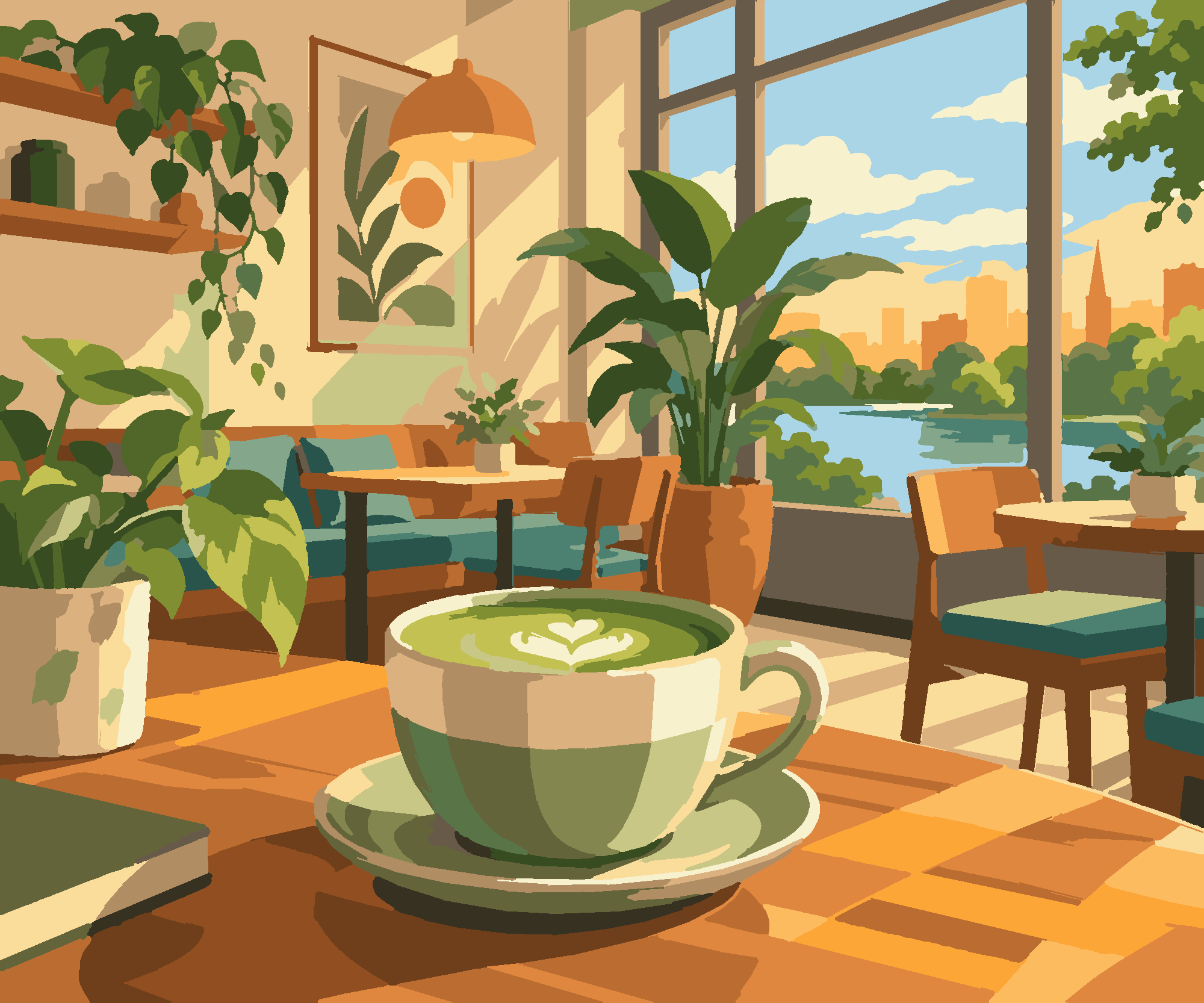 Раскраска по номерам «Matcha-кафе акварелью» — Cozy