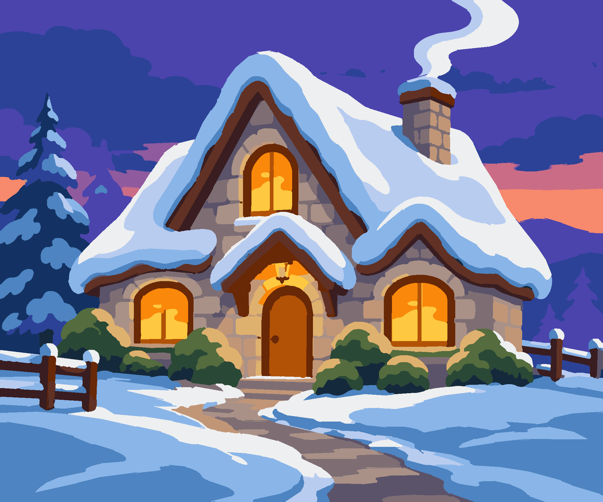 Раскраска по номерам «Зимний домик — наивное искусство» — Cottage
