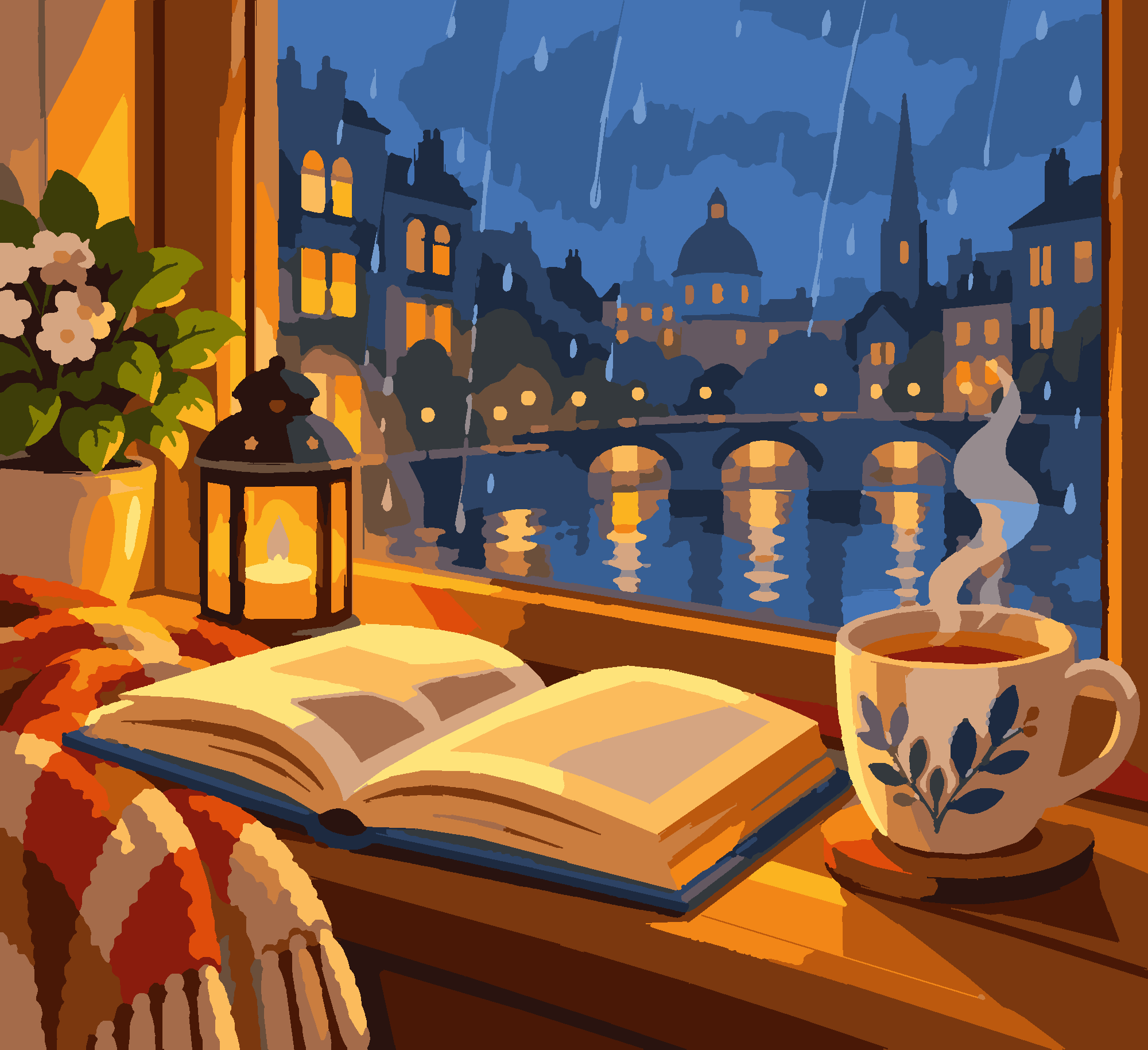 Раскраска по номерам «Книга у дождя — сказочная иллюстрация» — Cozy