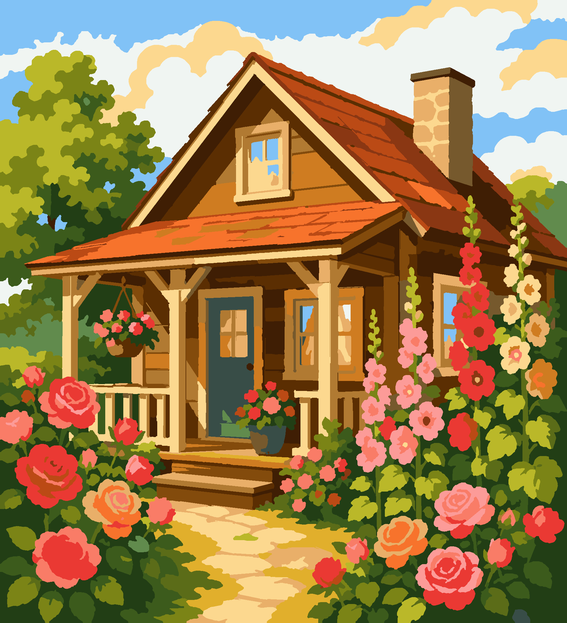 Раскраска по номерам «Дом в цветах акварелью» — Cottage