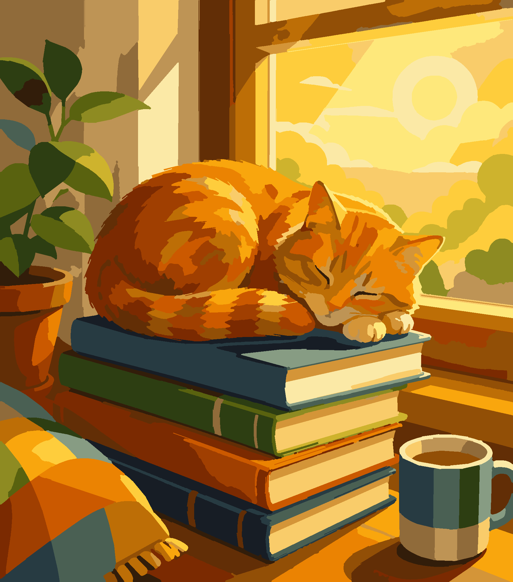 Раскраска по номерам «Кот на книгах — сказочная иллюстрация» — Коты и собаки