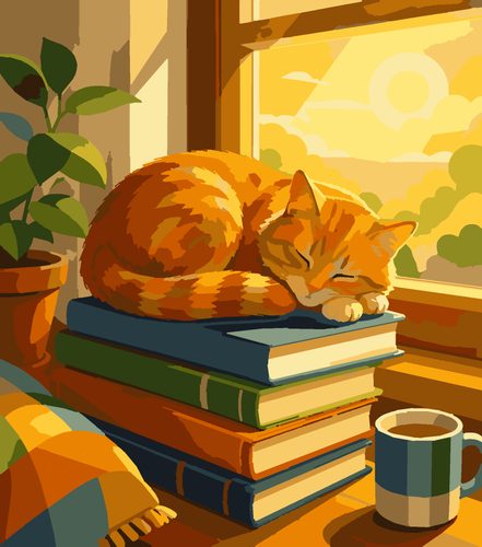 Раскраска по номерам «Кот на книгах — сказочная иллюстрация»