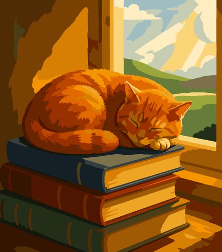 Раскраска по номерам «Кот на книгах»