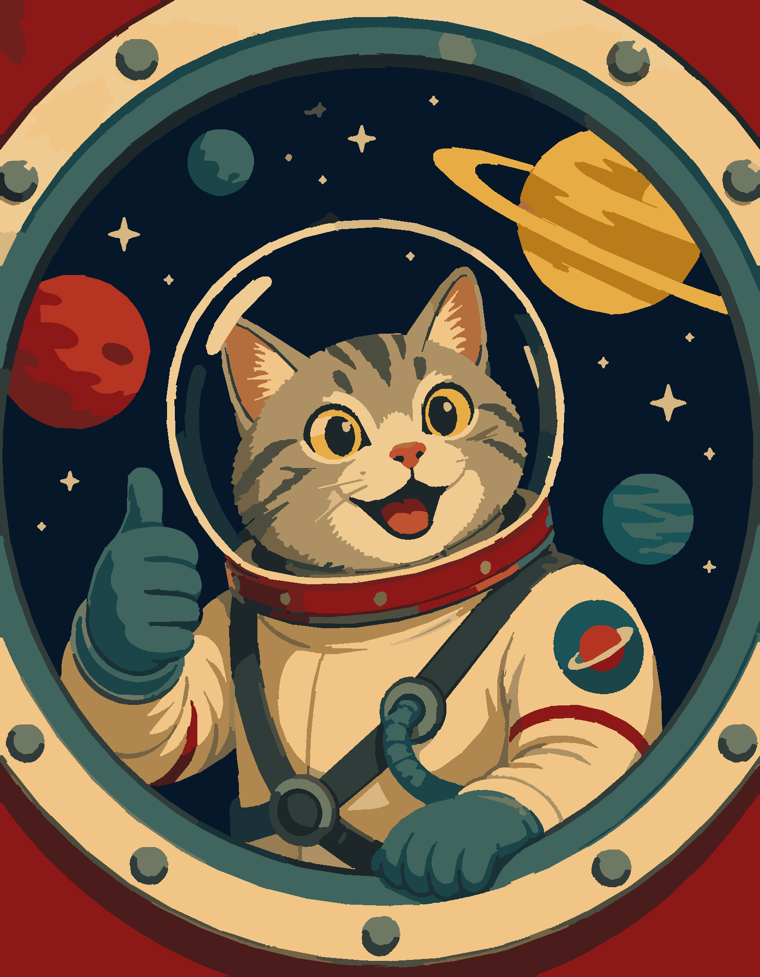 Раскраска по номерам «Кот-космонавт — ретро-плакат» — Космос