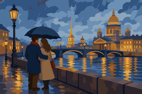 Раскраска по номерам «Петербург под дождём — сказочная иллюстрация»