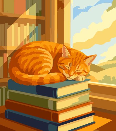 Раскраска по номерам «Кот на книгах акварелью»